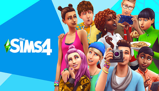 Official cover art for the life simulation game The Sims 4 PC & Mac, featuring the game logo and virtual characters.