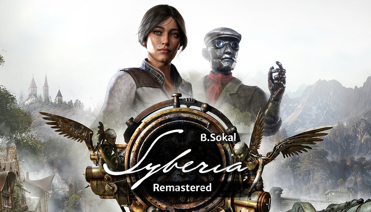 Cover art for the adventure game Syberia - Remastered featuring Kate Walker and the automaton Oscar against a snowy mountain landscape.