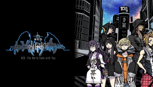 Cover art for NEO: The World Ends with You, showcasing a stylish group of anime characters standing in the neon-lit streets of Shibuya at night.