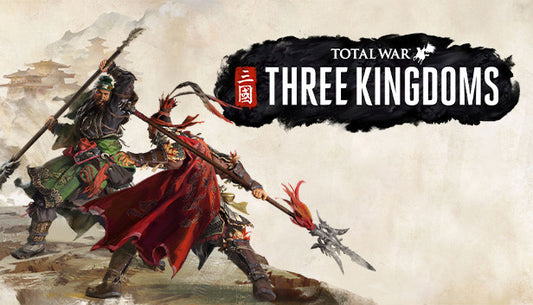 Official cover art for the strategy game Total War: Three Kingdoms featuring armored warriors in a historical Chinese setting.