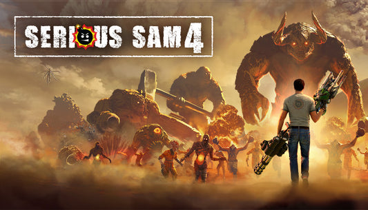 Official cover art for the action-packed shooter Serious Sam 4 featuring Sam Stone facing an alien horde.