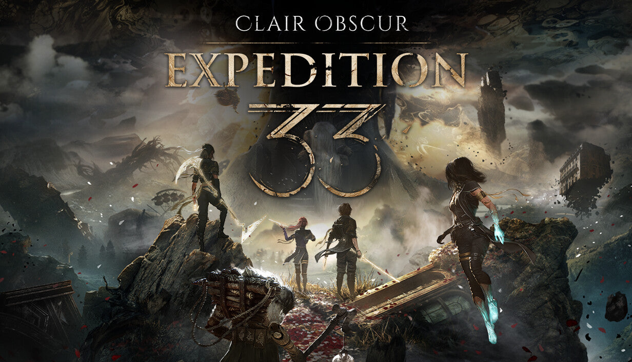 Official cover art for the RPG Clair Obscur: Expedition 33 featuring a group of characters facing a surreal landscape.