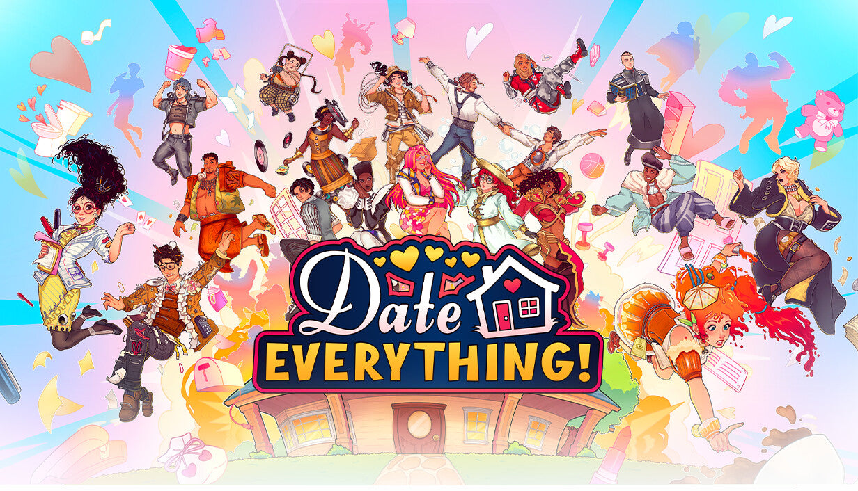 Official cover art for the dating simulation game Date Everything! featuring stylized character silhouettes and colorful text.