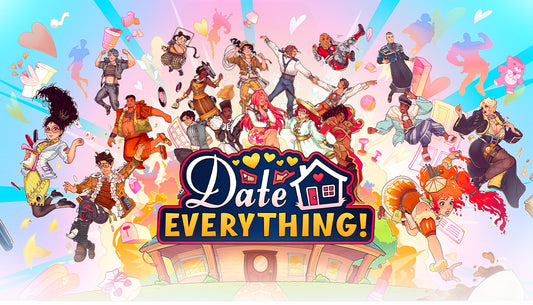 Official cover art for the dating simulation game Date Everything! featuring stylized character silhouettes and colorful text.