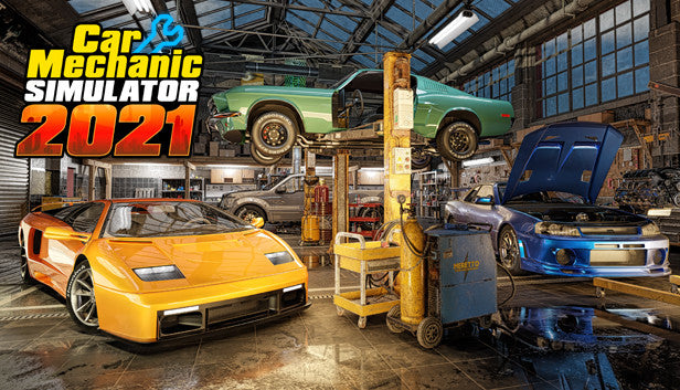 Official cover art for Car Mechanic Simulator 2021 featuring a detailed car engine and mechanical tools.