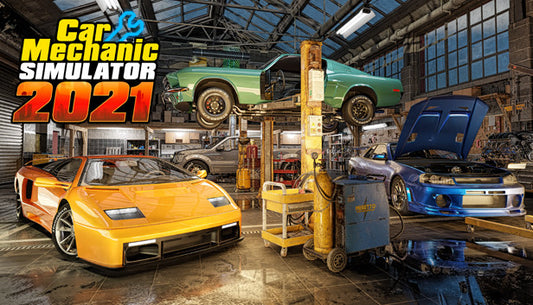 Official cover art for Car Mechanic Simulator 2021 featuring a detailed car engine and mechanical tools.
