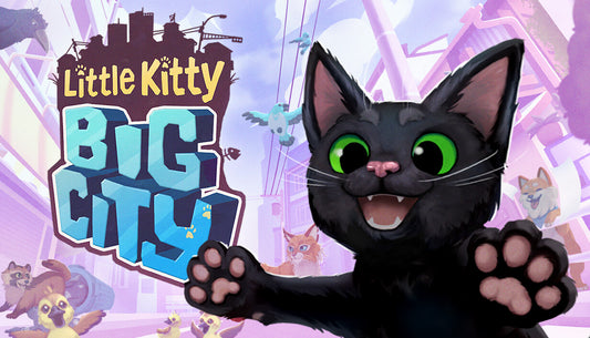 Official cover art for the indie game Little Kitty, Big City featuring a black cat sitting on a blue background.