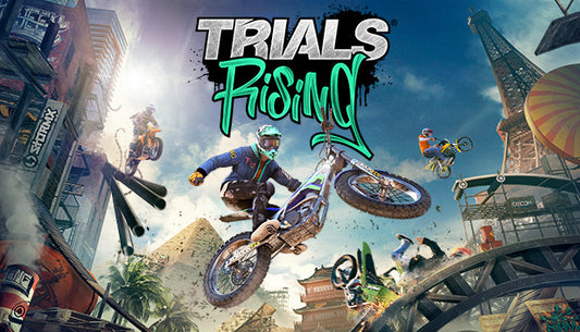 Official cover art for the physics-based racing game Trials Rising featuring a motocross rider performing a stunt.