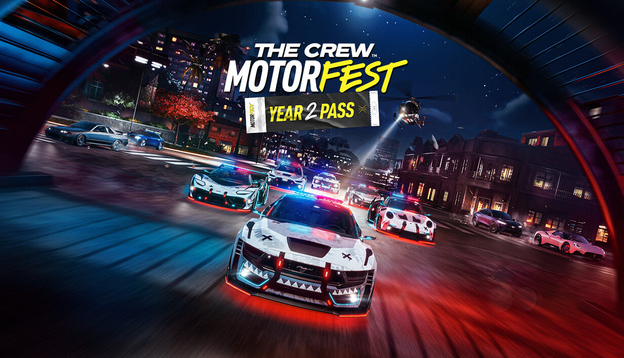 Cover art for The Crew Motorfest Year 2 Pass, featuring a pack of heavily customized racing cars speeding through a neon-lit city street at night under a helicopter's spotlight.