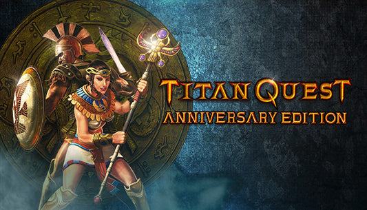 Official cover art for the action RPG Titan Quest Anniversary Edition featuring a mythological hero in ancient Greece.