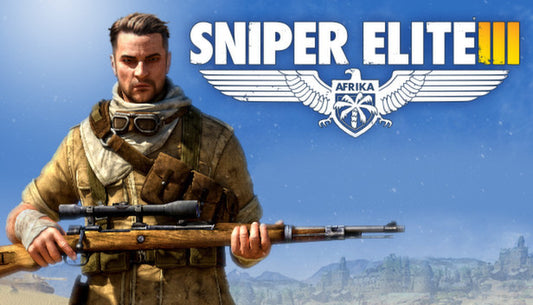 Official cover art for Sniper Elite 3 featuring a sniper in a desert environment overlooking a valley.