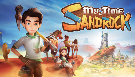 Official cover art for My Time at Sandrock featuring a character in a desert setting with industrial structures.