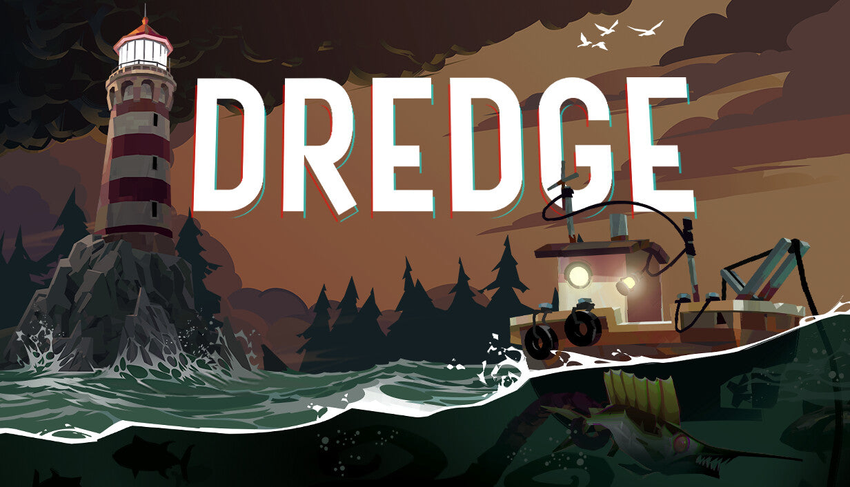 Official cover art for the fishing adventure game DREDGE featuring a small boat on a dark, mysterious sea.