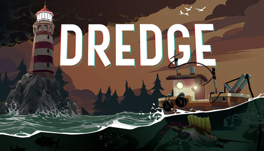 Official cover art for the fishing adventure game DREDGE featuring a small boat on a dark, mysterious sea.