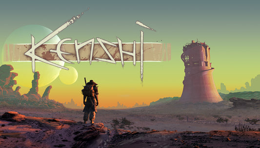 Official cover art for the sandbox RPG Kenshi featuring a solitary figure in a vast, desolate wasteland.