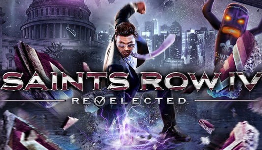Official cover art for Saints Row IV: Re-Elected featuring the protagonist sitting on a throne with a purple background.