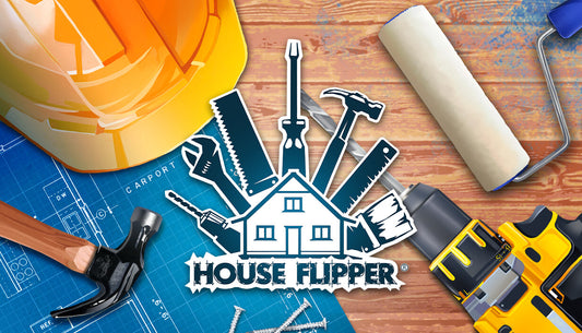 Official cover art for the simulation game House Flipper featuring a renovated room and a person holding a paint roller.
