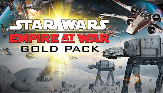 Official cover art for STAR WARS Empire at War - Gold Pack featuring cinematic space battles and iconic characters.