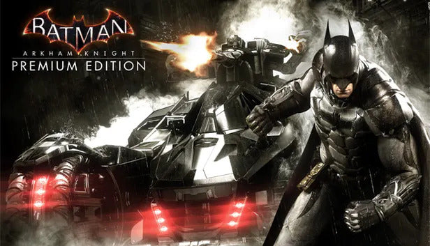 Official cover art for Batman: Arkham Knight Premium Edition featuring Batman in a dark, atmospheric setting.