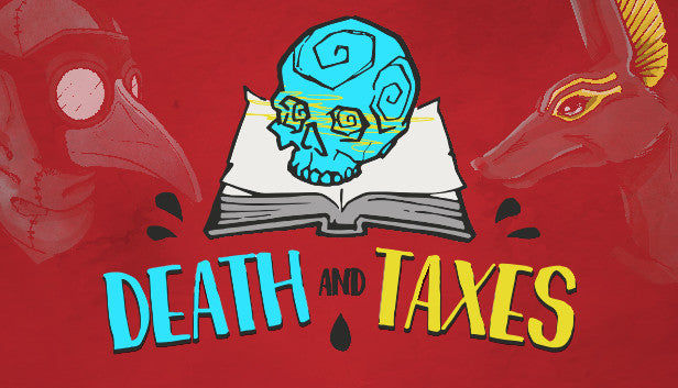 Official cover art for the indie strategy game Death and Taxes featuring a stylized grim reaper at a desk.