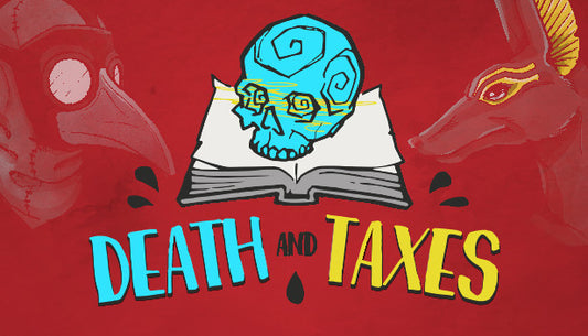 Official cover art for the indie strategy game Death and Taxes featuring a stylized grim reaper at a desk.