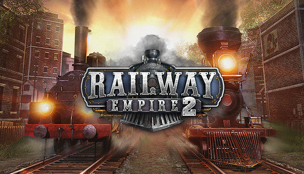 Official cover art for the strategy simulation game Railway Empire 2 featuring a steam locomotive on a railway track.