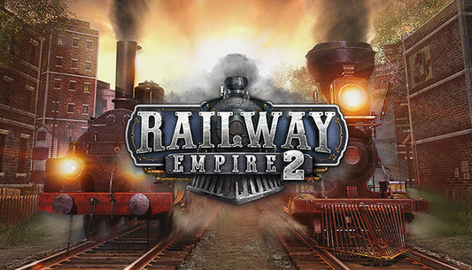 Official cover art for the strategy simulation game Railway Empire 2 featuring a steam locomotive on a railway track.