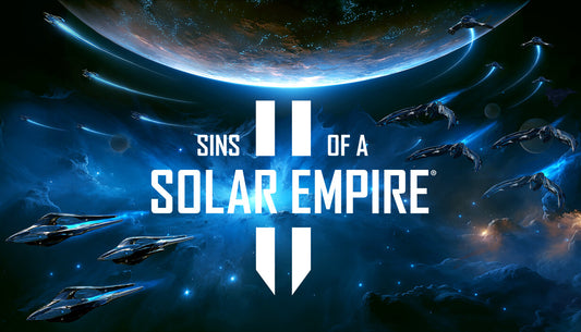 Official cover art for Sins of a Solar Empire II showing massive spaceships orbiting a planet in a sci-fi setting.