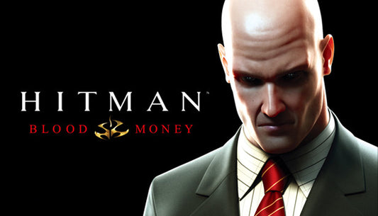 Official cover art for Hitman: Blood Money featuring Agent 47 in a dark suit holding a silenced pistol.