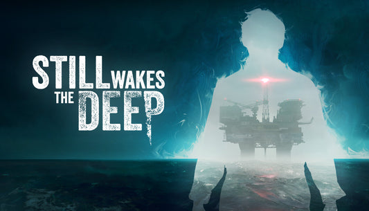 Official cover art for the horror game Still Wakes the Deep featuring a lone figure on a dark oil rig at sea.
