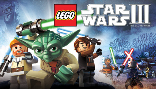 Official cover art for LEGO Star Wars III: The Clone Wars featuring Yoda and Anakin Skywalker with lightsabers.