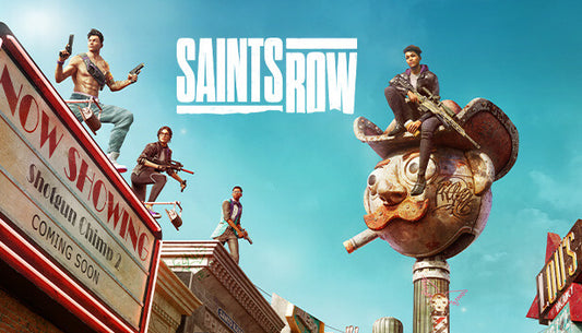 Action-adventure game Saints Row cover art featuring stylized characters and urban chaos in a purple color scheme.