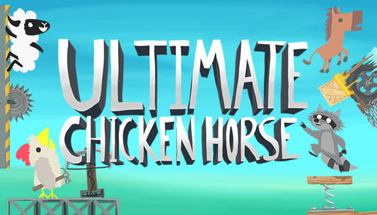 Official cover art for the party platformer game Ultimate Chicken Horse featuring various cartoon animals on a colorful level.