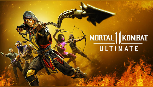 Dynamic cover art for Mortal Kombat 11 Ultimate featuring Scorpion throwing his chained kunai in the foreground, backed by Sub-Zero, Mileena, Rambo, and the Terminator against a golden, fiery backdrop.