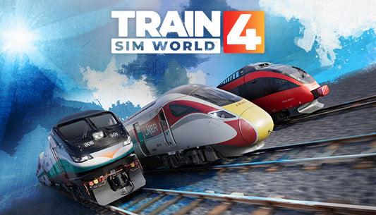 Official cover art for the simulation game Train Sim World 4 featuring a modern train on a high-speed rail track.