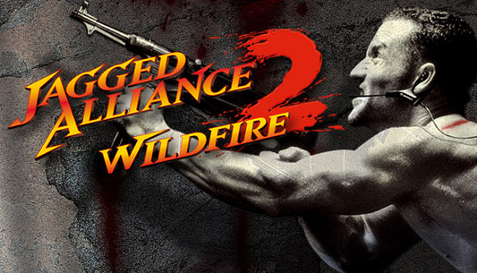 Official cover art for the strategy RPG Jagged Alliance 2 - Wildfire featuring a tactical mercenary squad in a combat zone.