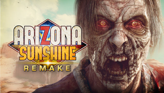 Official cover art for Arizona Sunshine Remake featuring a survivor with a shotgun facing a horde of zombies in a desert.