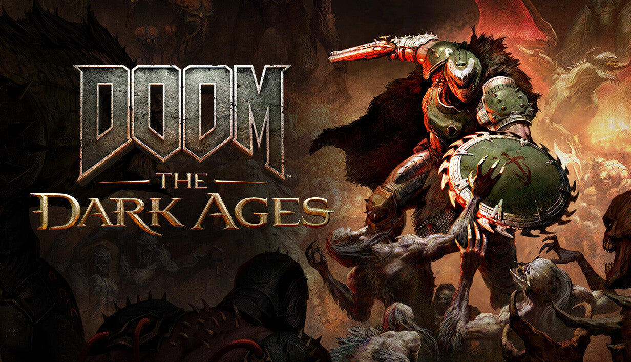 Official cover art for DOOM: The Dark Ages featuring a medieval-inspired warrior in a dark, atmospheric setting.