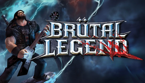 Cover art for the action-adventure game Brutal Legend featuring Eddie Riggs playing a lightning-infused electric guitar.
