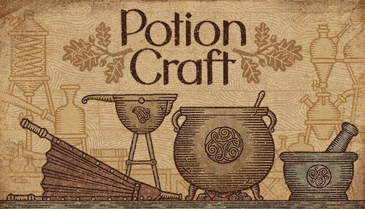 Official cover art for the alchemist simulator game Potion Craft featuring a medieval-style illustration of a scholar.