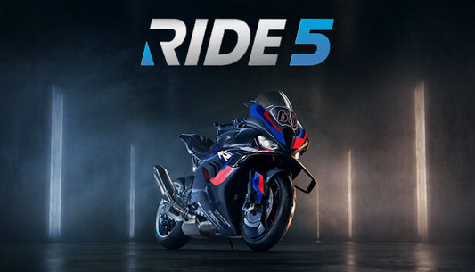 Official cover art for the motorcycle racing game RIDE 5 showing a rider leaning into a turn on a track.