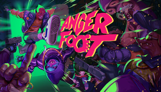 Official cover art for the action-indie game Anger Foot featuring a vibrant, stylized urban combat scene.