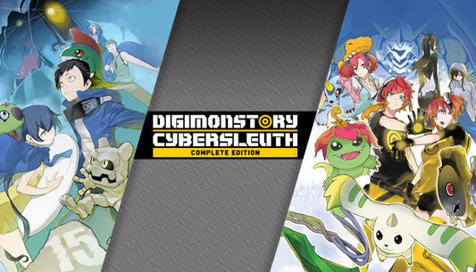 Official cover art for Digimon Story Cyber Sleuth: Complete Edition featuring anime-style characters and digital elements.