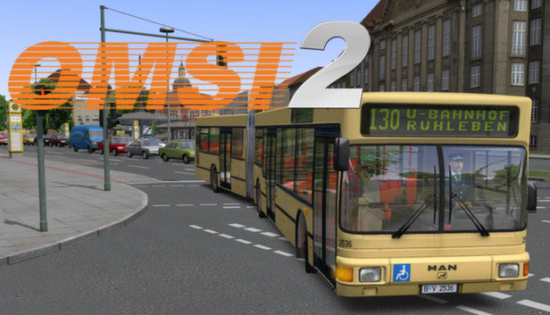 Official cover art for the simulation game OMSI 2: Steam Edition featuring a classic yellow city bus on a urban street.