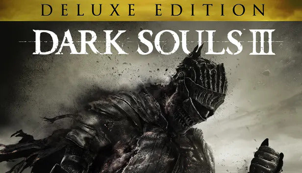 Official cover art for the action RPG Dark Souls III Deluxe Edition featuring a kneeling knight in charred armor.