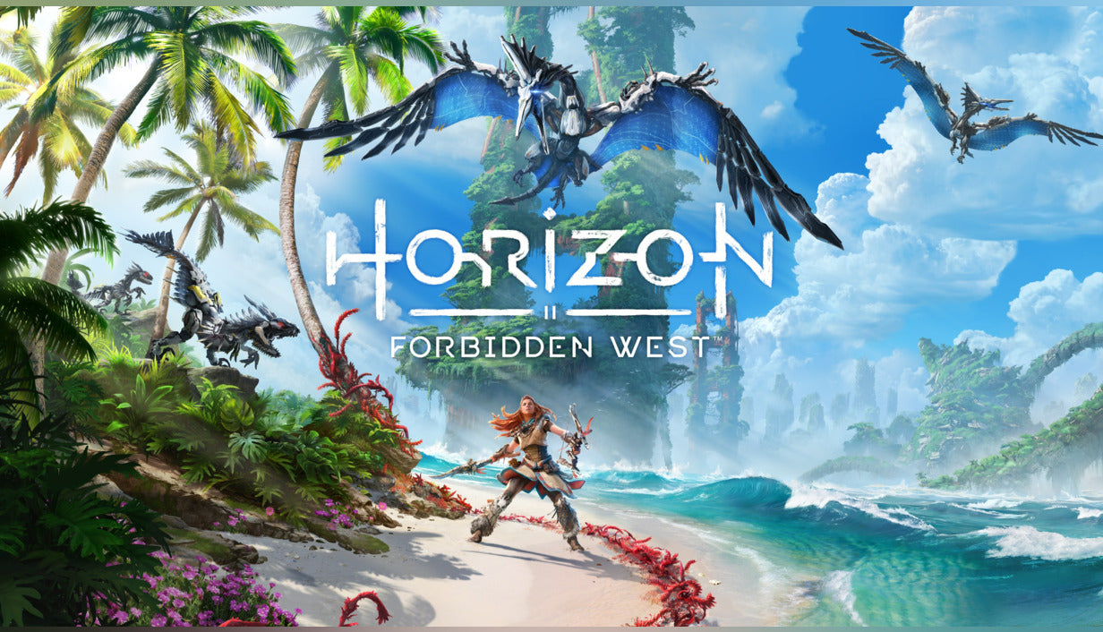 Official game cover art for Horizon Forbidden West on PlayStation 5 featuring Aloy in a vibrant post-apocalyptic world.