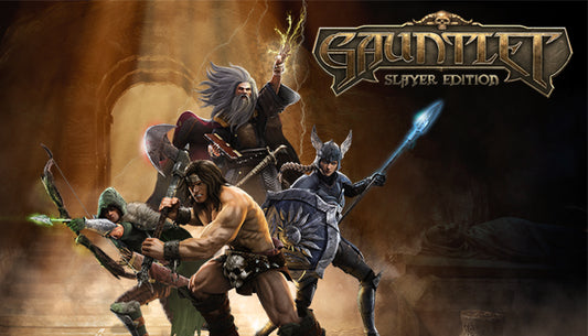 Official cover art for the action RPG Gauntlet Slayer Edition featuring classic fantasy heroes in a dungeon setting.