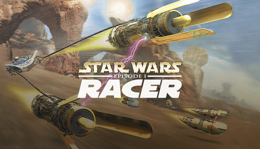 Official cover art for the racing game STAR WARS: Episode I Racer featuring high-speed podracers on a desert planet.