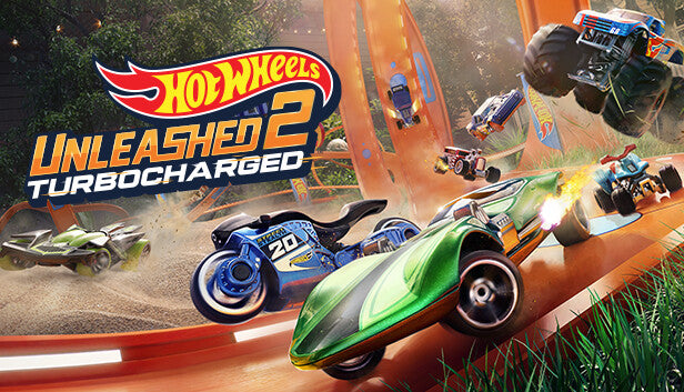 Official cover art for HOT WHEELS UNLEASHED 2 - Turbocharged featuring stylized toy cars racing on a bright orange track.