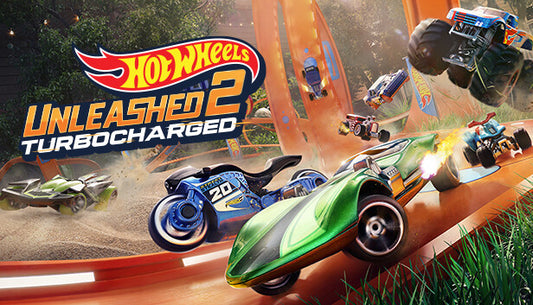 Official cover art for HOT WHEELS UNLEASHED 2 - Turbocharged featuring stylized toy cars racing on a bright orange track.